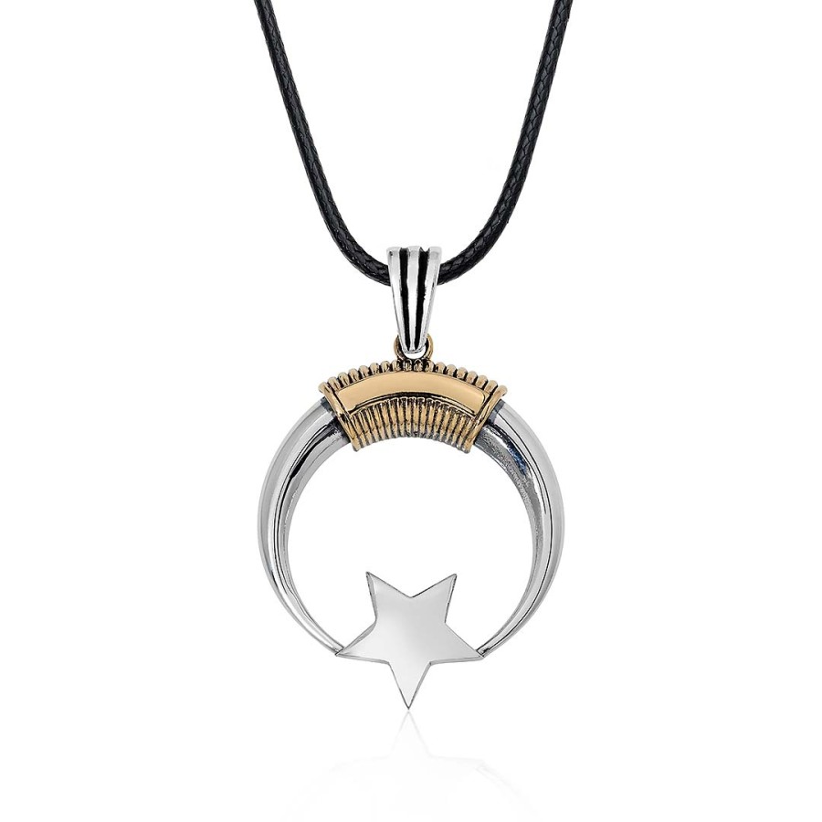 Gümüş Pazarım - Moon Star Men's Silver Necklace Leather Chain