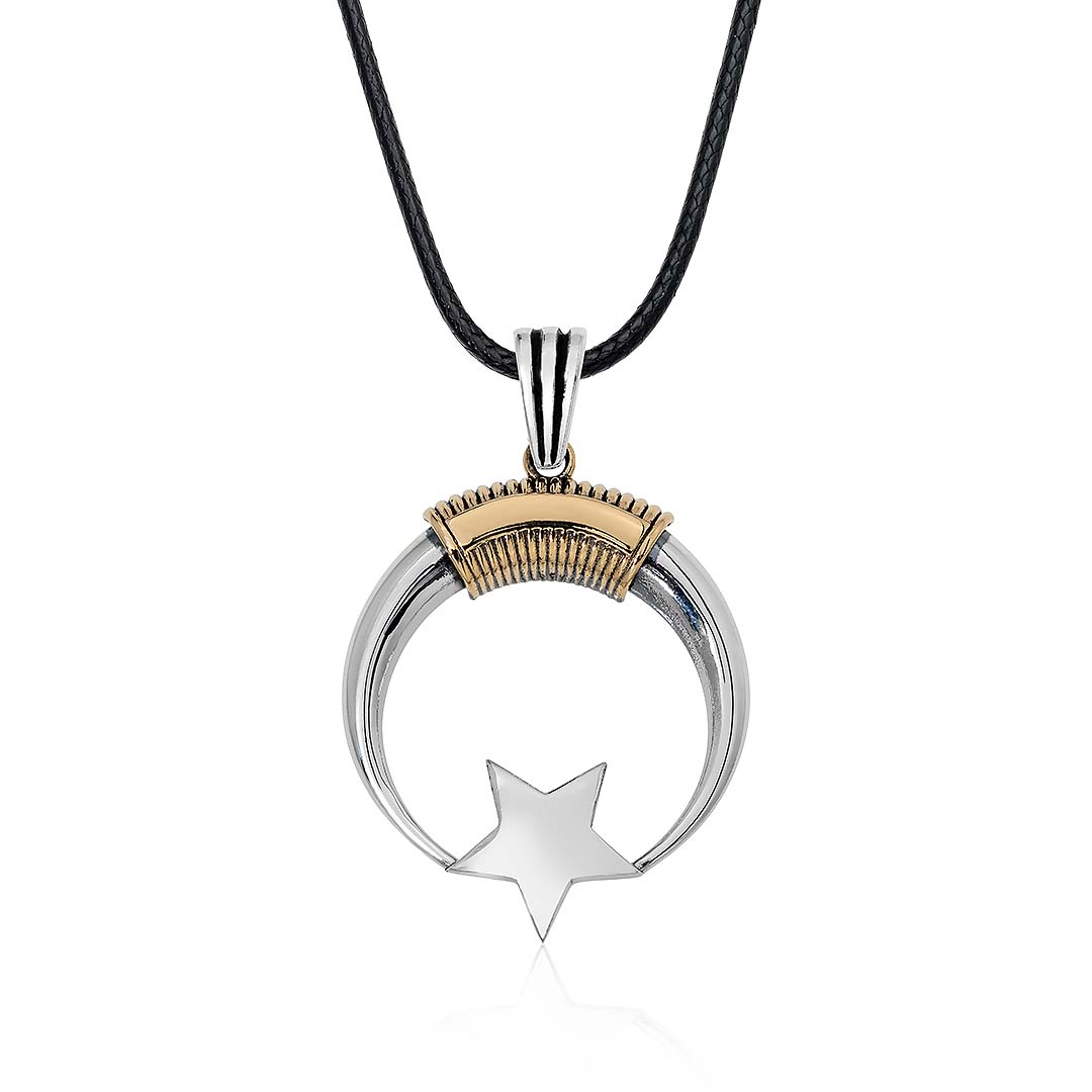Moon Star Men's Silver Necklace Leather Chain
