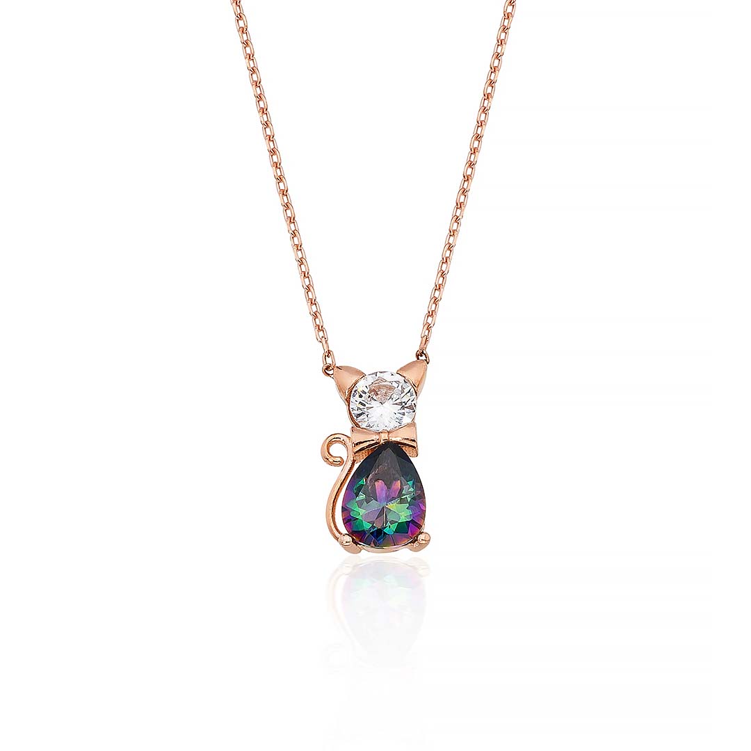 Gümüş Pazarım - Mystic Topaz Stone Cat Silver Necklace