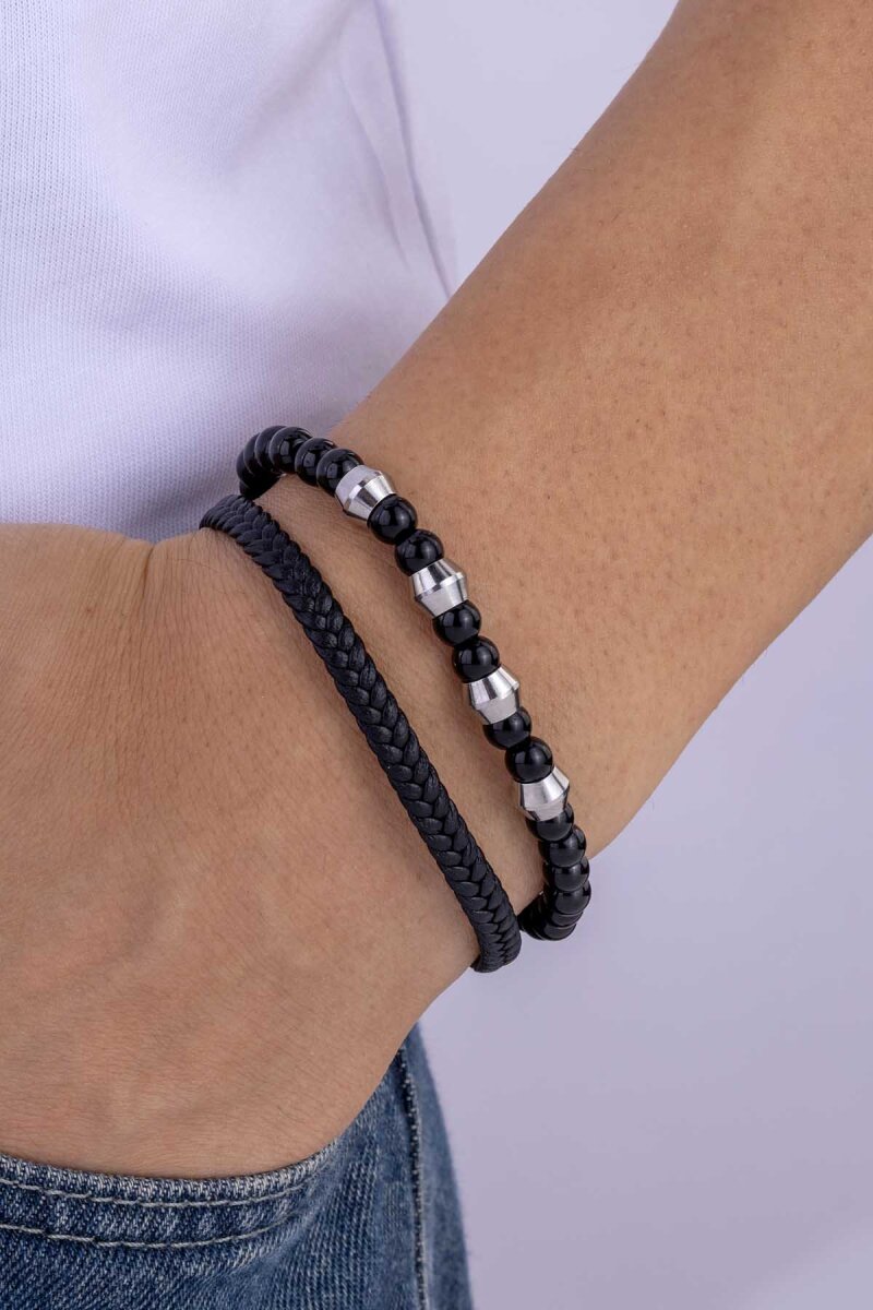 Oniks Hematit Taşlı Örgü Deri Erkek Deri Bileklik - 1