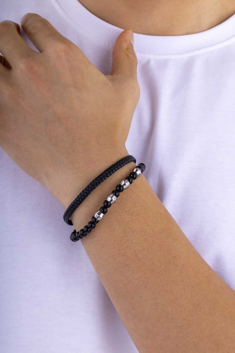 Oniks Hematit Taşlı Örgü Deri Erkek Deri Bileklik - 3