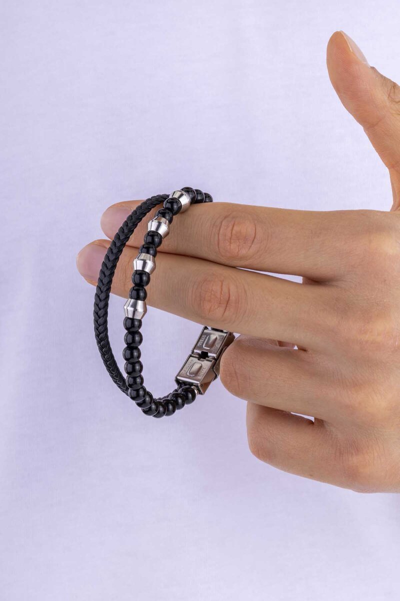 Oniks Hematit Taşlı Örgü Deri Erkek Deri Bileklik - 2