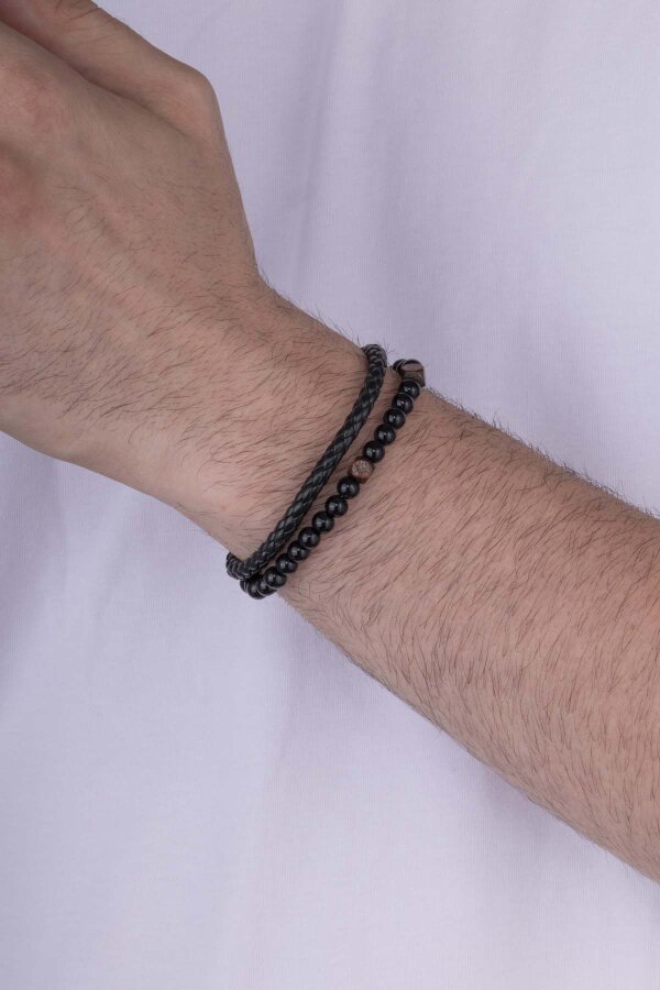 Oniks Taşlı Çift Kordon Örgü Model Erkek Deri Bileklik - Gümüş Pazarım