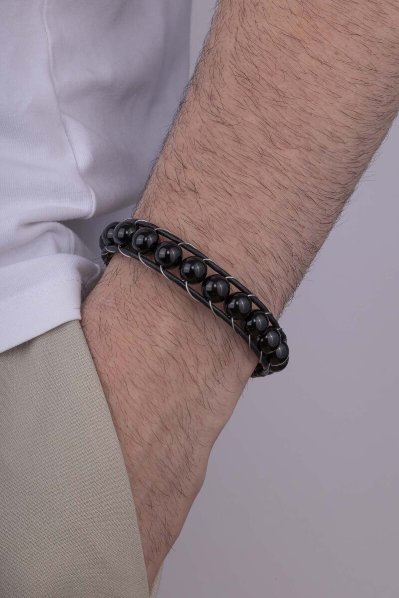 10 mm Oniks Taşlı Deri Geçişli Erkek Doğal Taş Bileklik - 1