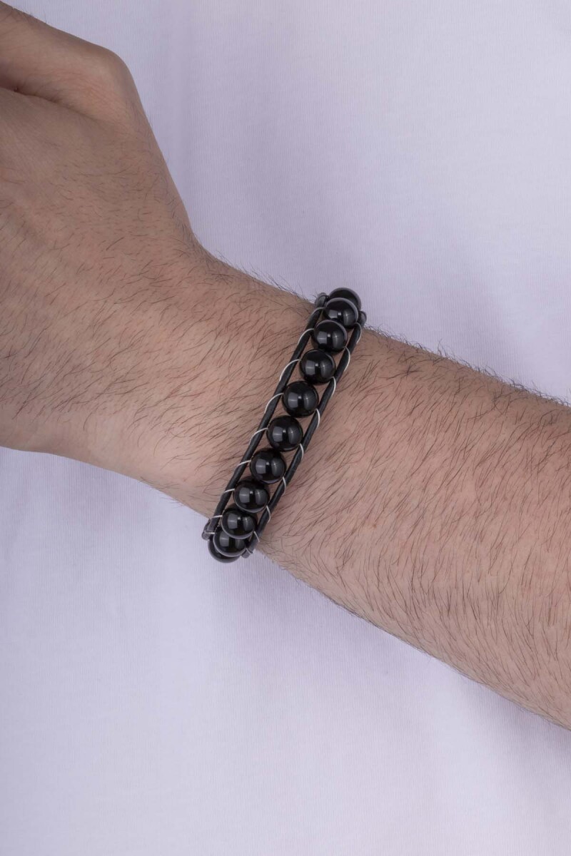 10 mm Oniks Taşlı Deri Geçişli Erkek Doğal Taş Bileklik - 3