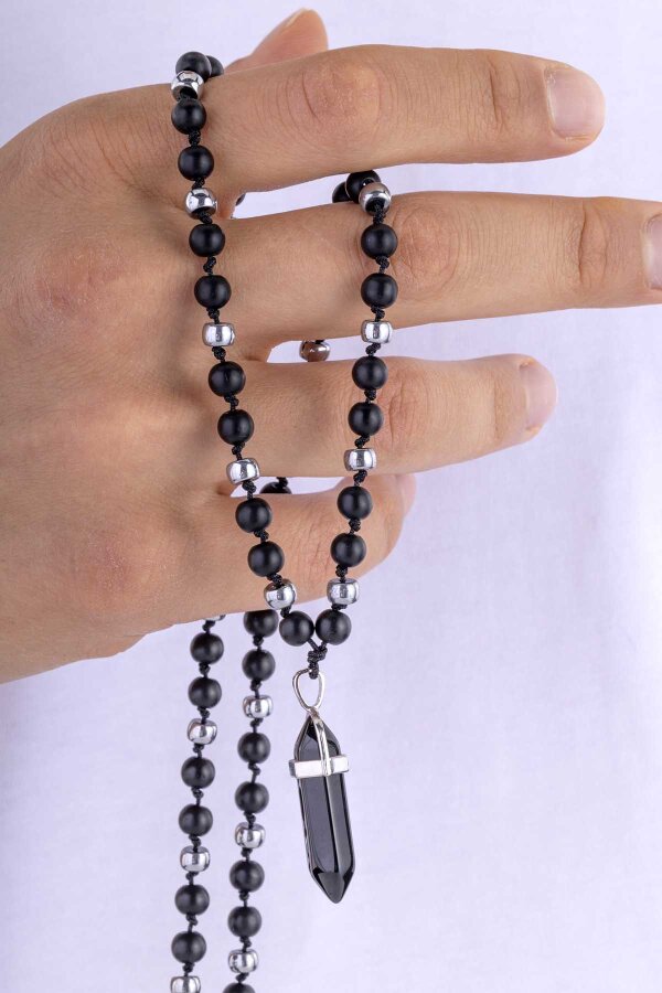 Oniks ve Hematit Taşlı Doğal Taş Erkek Kolye - Gümüş Pazarım