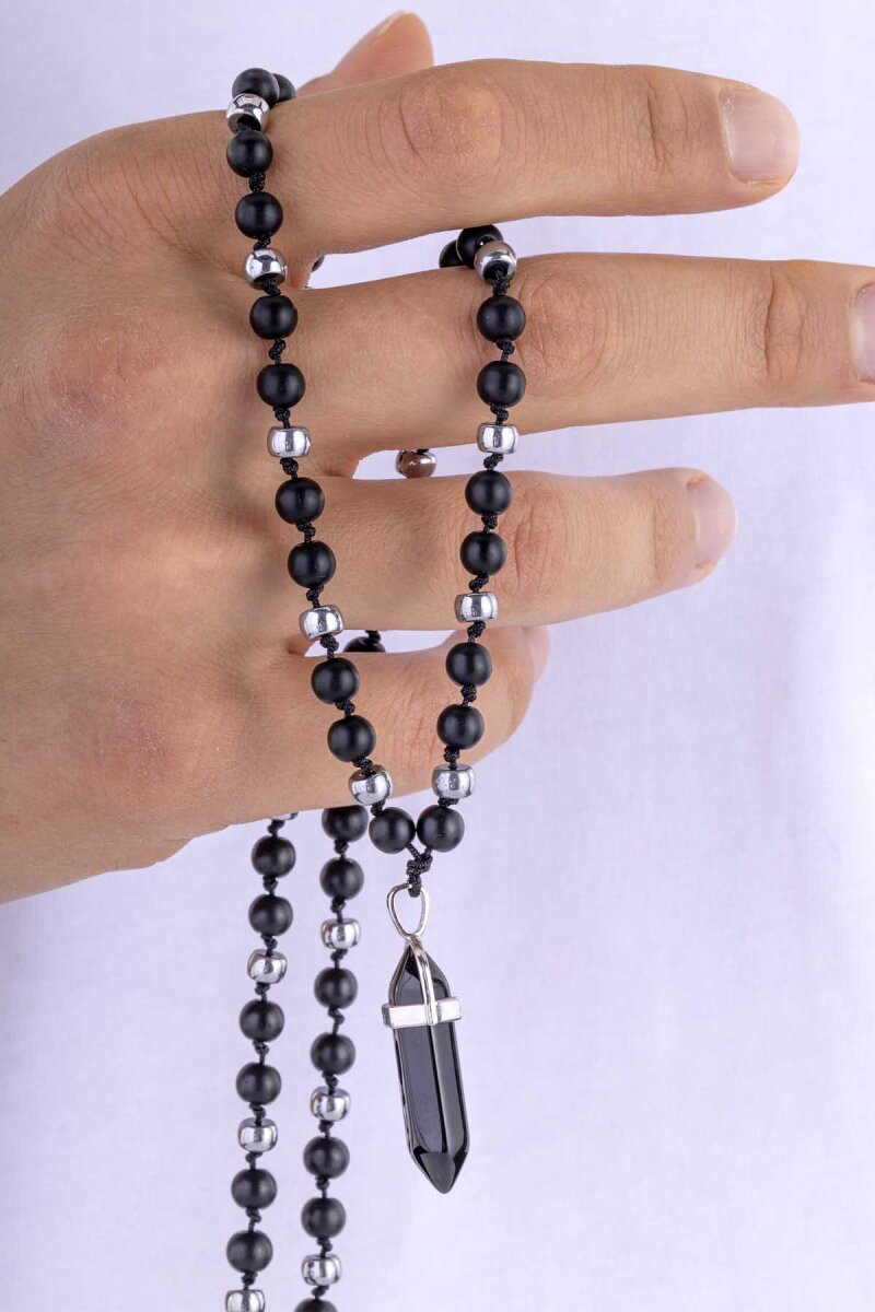 Oniks ve Hematit Taşlı Doğal Taş Erkek Kolye - 1