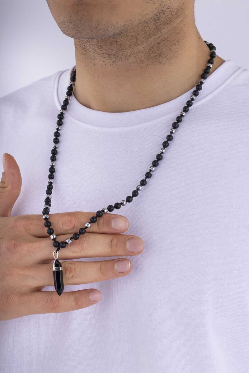 Oniks ve Hematit Taşlı Doğal Taş Erkek Kolye - 3