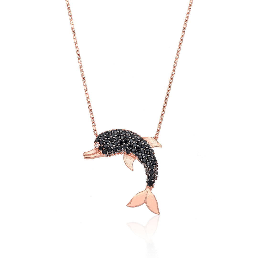 Gümüş Pazarım - Onyx Stone Dolphin Fish Silver Necklace