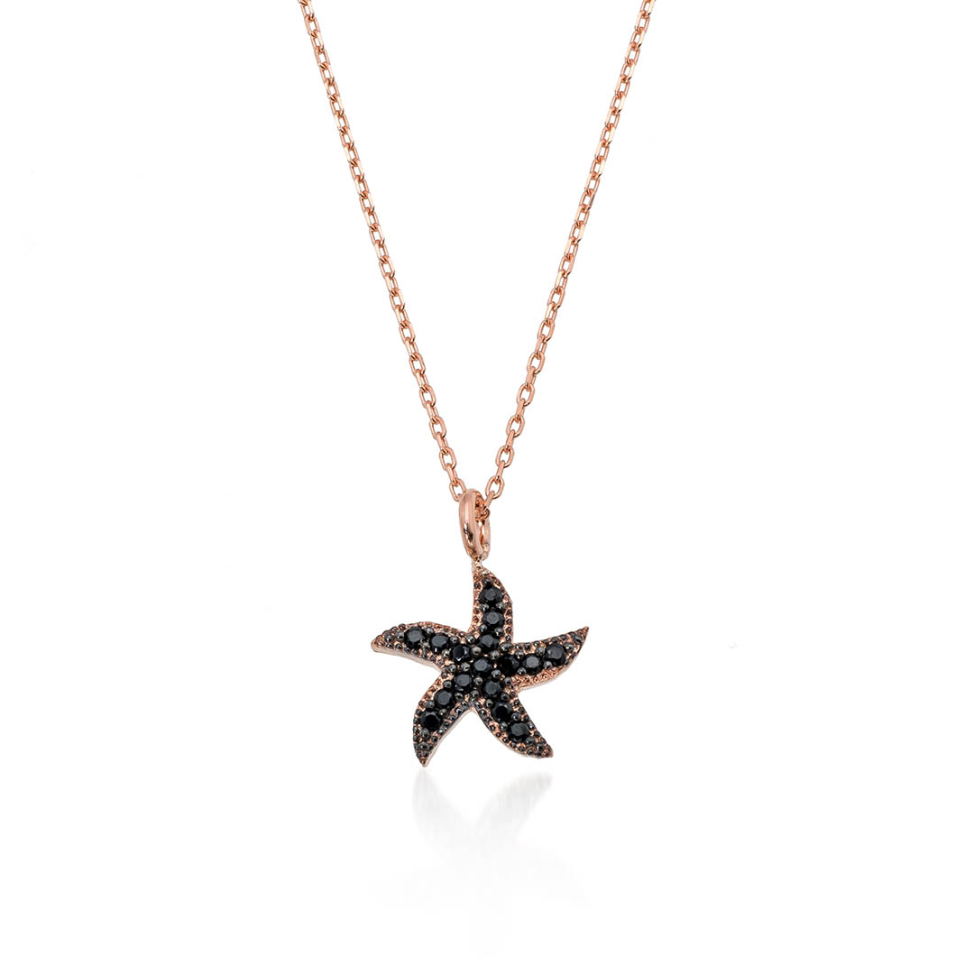 Gümüş Pazarım - Onyx Stone Starfish Silver Necklace