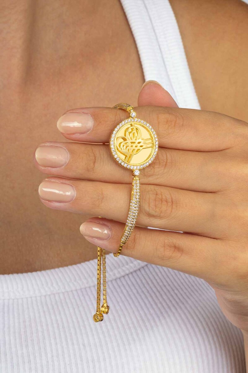 Osmanlı Tuğralı Asansörlü Altın Kaplama Gümüş Bileklik - 1