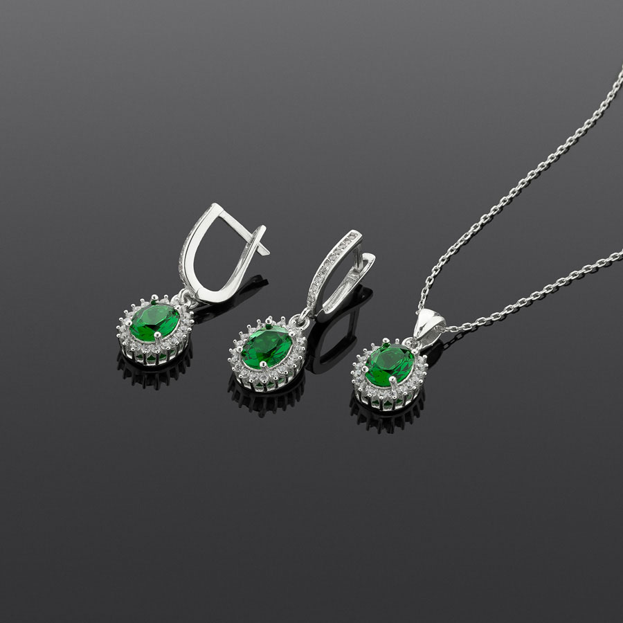 Gümüş Pazarım - Oval Cut Emerald Silver Earring Necklace