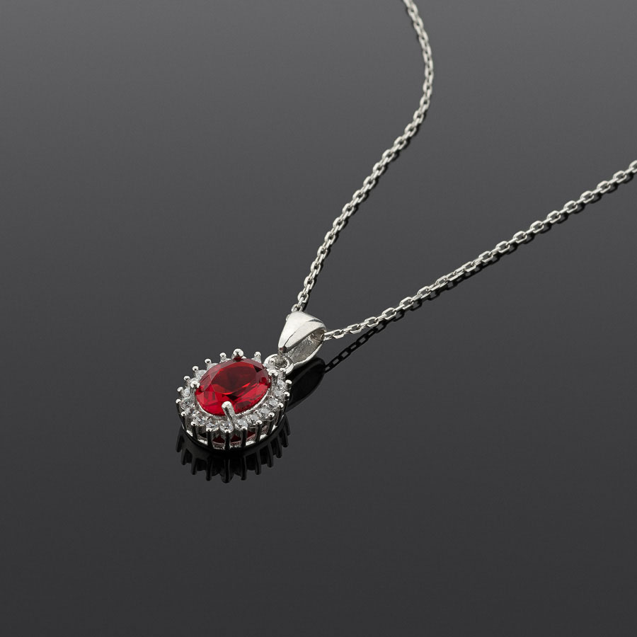 Gümüş Pazarım - Oval Cut Ruby Silver Necklace