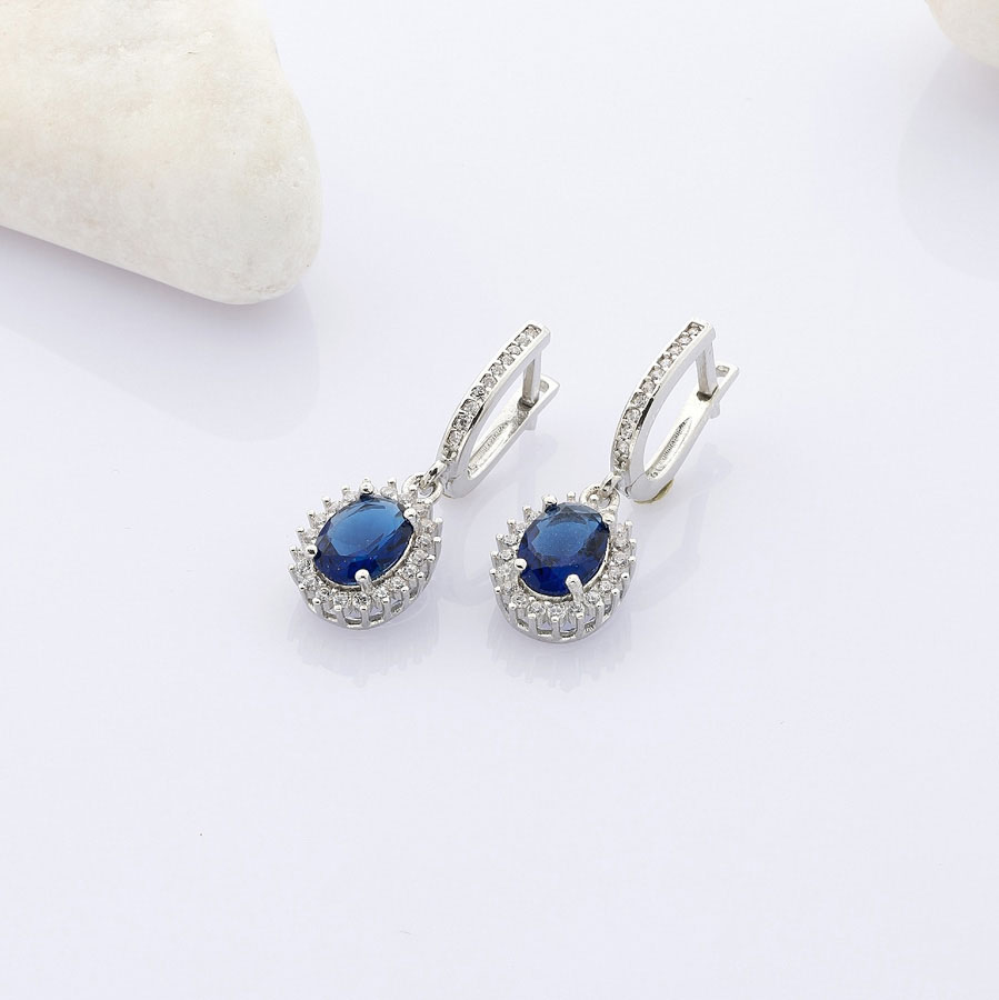 Gümüş Pazarım - Oval Cut Sapphire Silver Earrings