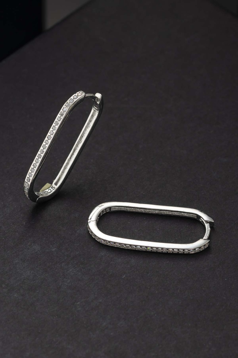 Oval Dikdörtgen Tek Sıra Tamtur Gümüş Küpe - 1
