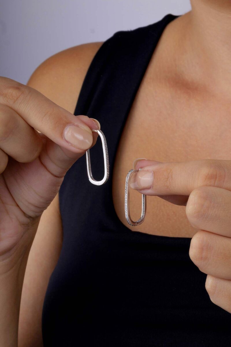 Oval Dikdörtgen Tek Sıra Tamtur Gümüş Küpe - 3