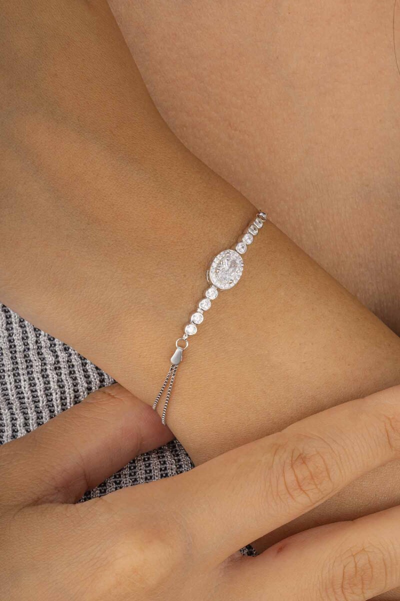 Oval Kesim Zirkon Taşlı 925 Ayar Gümüş Kadın Bileklik - 1