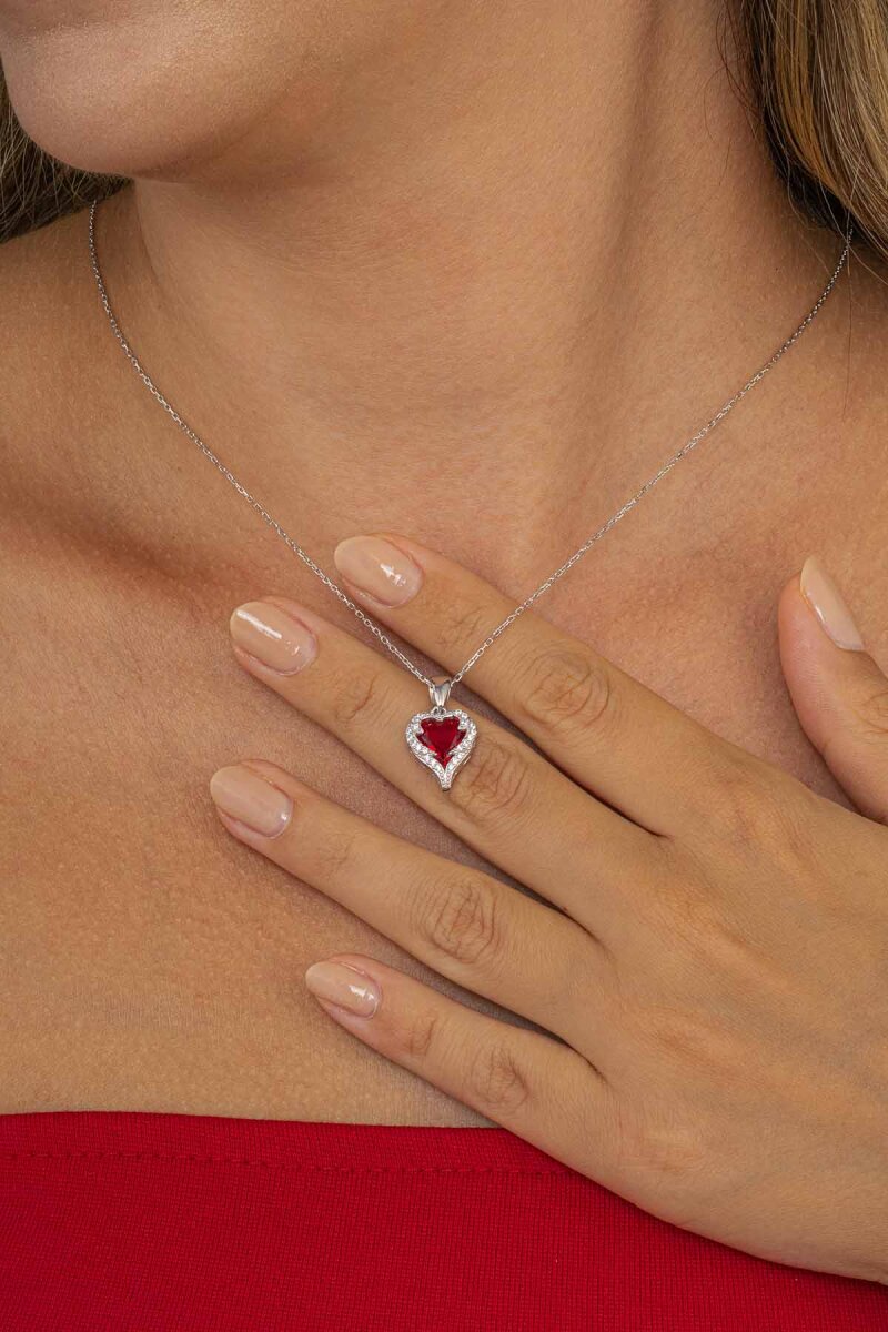 Özel Tasarım Kırmızı Taşlı 925 Ayar Gümüş Kolye - 2