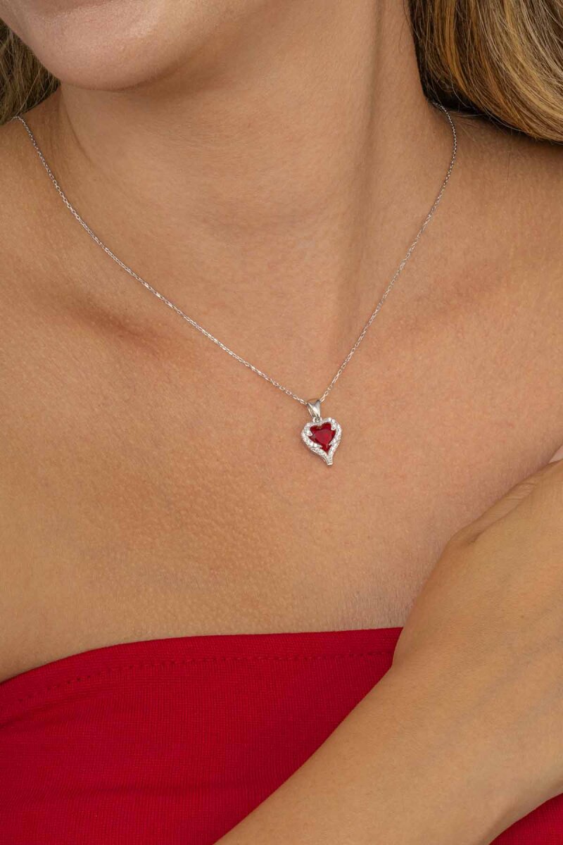 Özel Tasarım Kırmızı Taşlı 925 Ayar Gümüş Kolye - 1