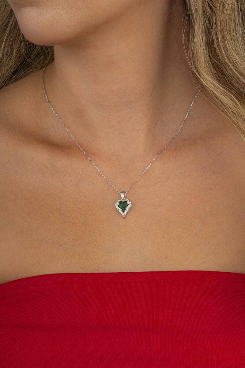 Özel Tasarım Yeşil Taşlı 925 Ayar Gümüş Kalp Kolye - 1