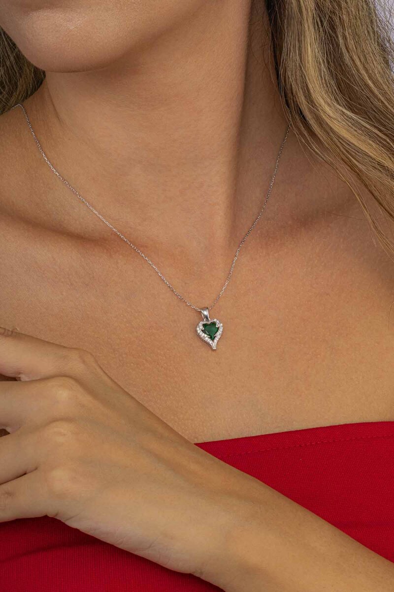 Özel Tasarım Yeşil Taşlı 925 Ayar Gümüş Kalp Kolye - 2