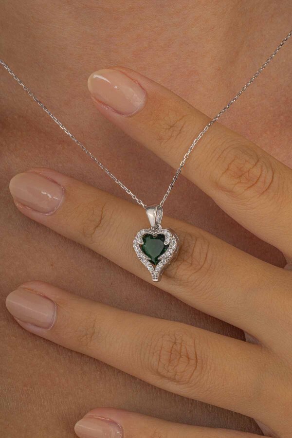 Özel Tasarım Yeşil Taşlı 925 Ayar Gümüş Kalp Kolye - Gümüş Pazarım