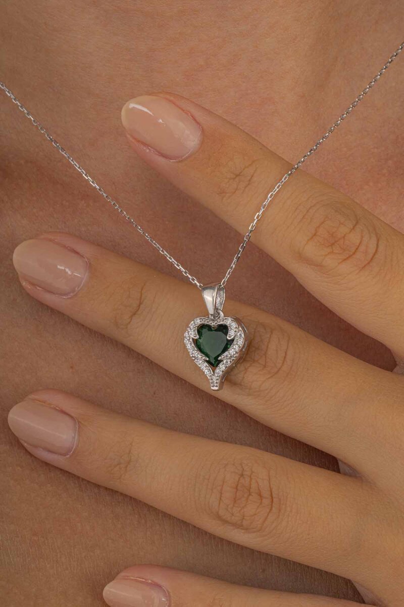 Özel Tasarım Yeşil Taşlı 925 Ayar Gümüş Kalp Kolye - 3