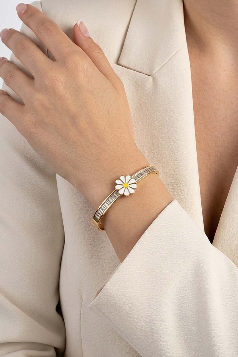 Papatya İşlemeli Baget Taşlı Altın Kaplama Çelik Kadın Kelepçe Bileklik - 3