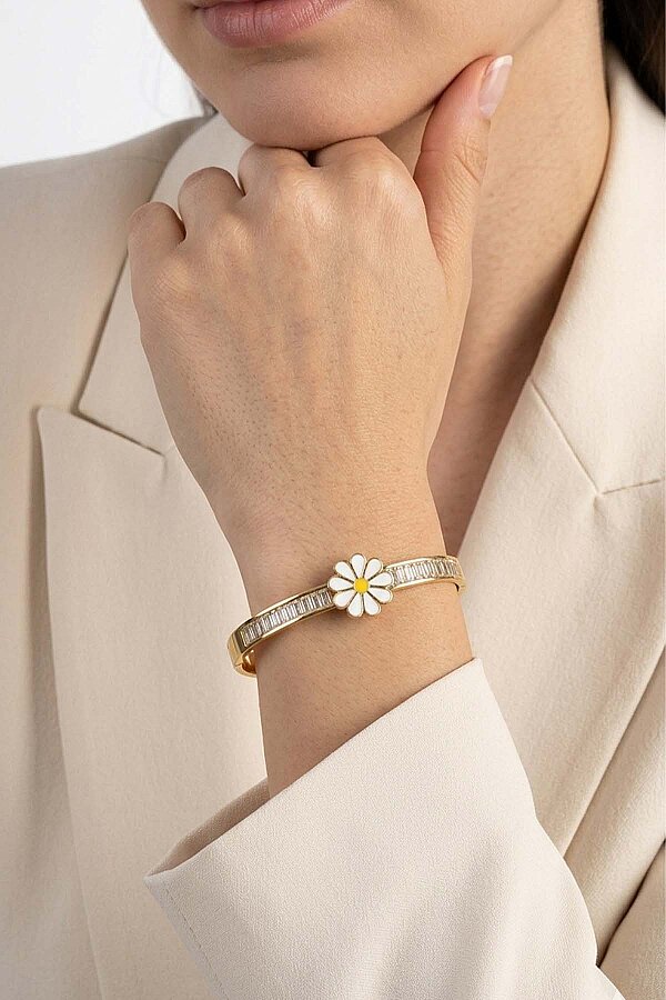 Papatya İşlemeli Baget Taşlı Altın Kaplama Çelik Kadın Kelepçe Bileklik - 4