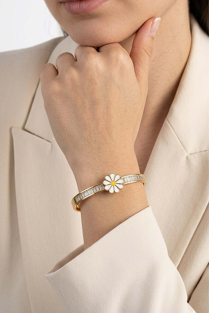 Papatya İşlemeli Baget Taşlı Altın Kaplama Çelik Kadın Kelepçe Bileklik - 4