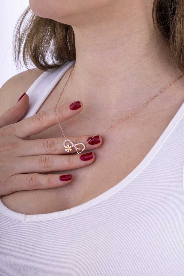 Papatya Kalp Motifli Sonsuzluk Gümüş Kolye - Gümüş Pazarım