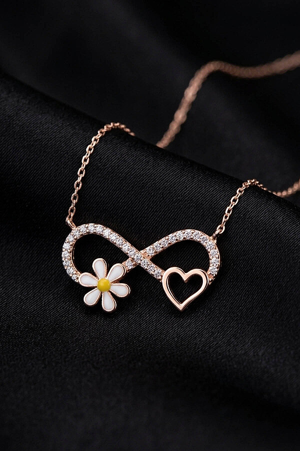 Papatya Kalp Motifli Sonsuzluk Gümüş Kolye - Gümüş Pazarım