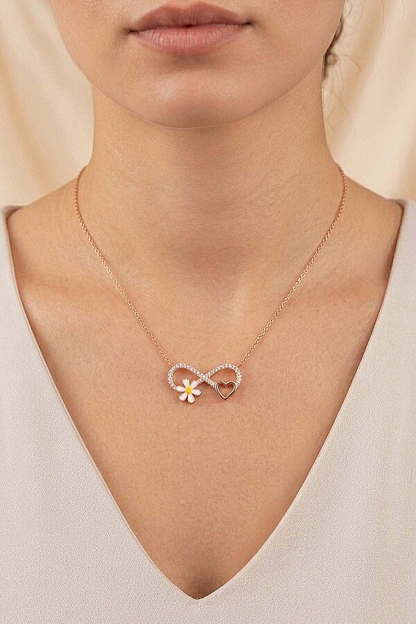 Papatya Kalp Motifli Sonsuzluk Gümüş Kolye - Gümüş Pazarım