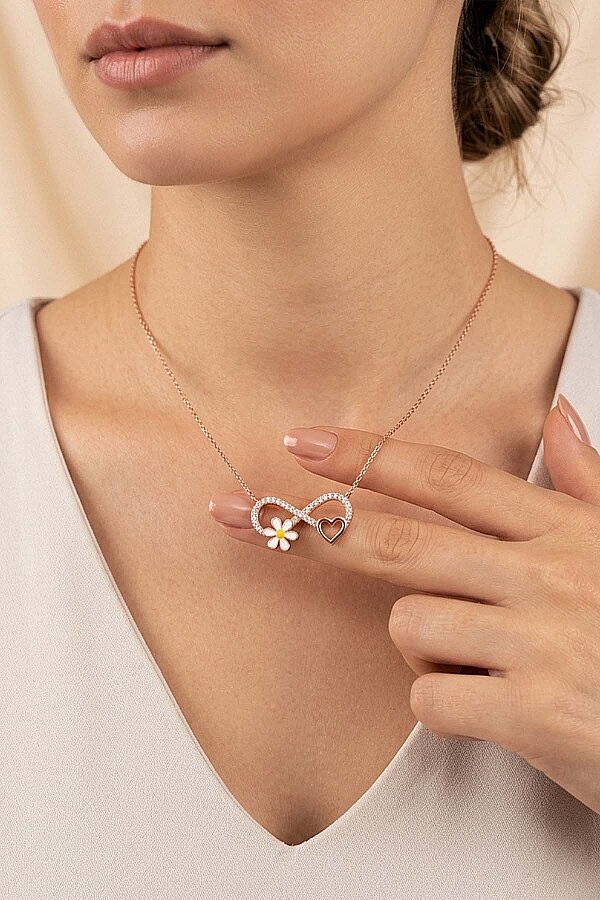 Papatya Kalp Motifli Sonsuzluk Gümüş Kolye - Gümüş Pazarım