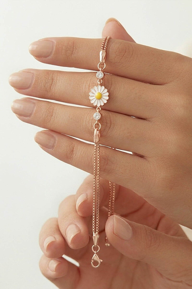 Papatya Motifli Gümüş Bileklik - 2