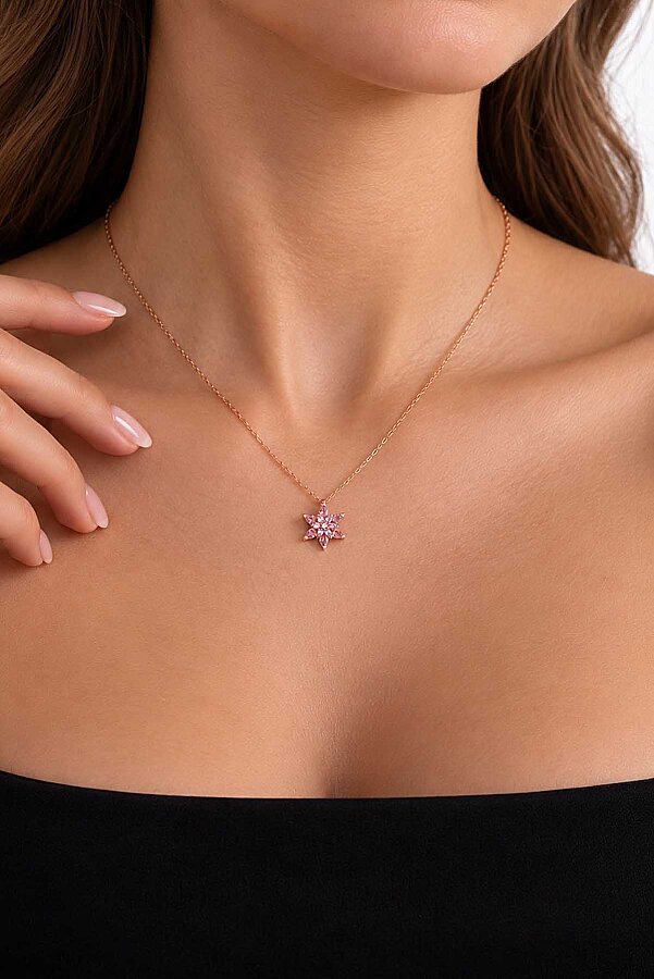 Pembe Renkli Lotus Çiçeği Gümüş Kolye - Gümüş Pazarım (1)