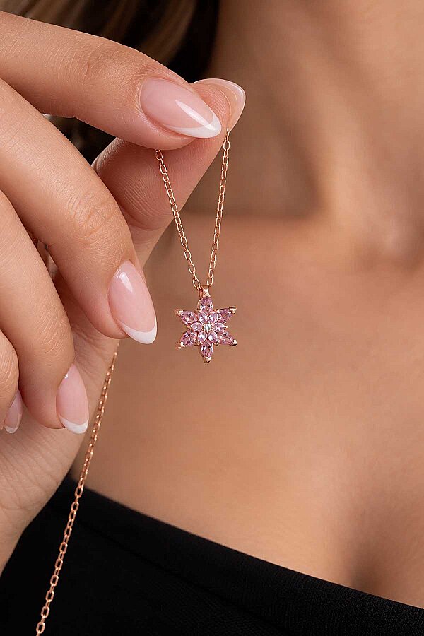 Pembe Renkli Lotus Çiçeği Gümüş Kolye - Gümüş Pazarım