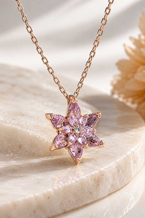Pembe Renkli Lotus Çiçeği Gümüş Kolye - Gümüş Pazarım