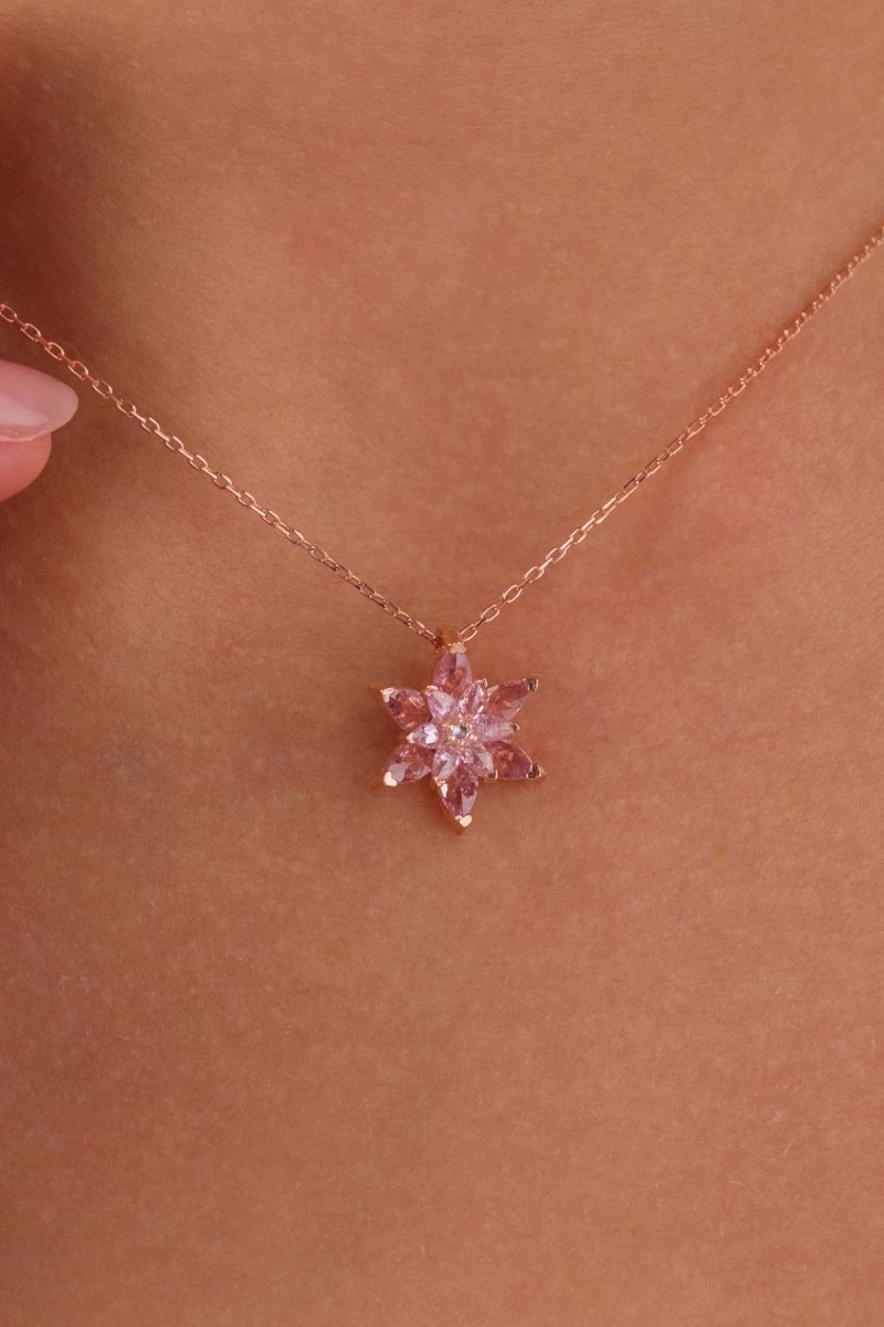 Pembe Renkli Lotus Çiçeği Gümüş Kolye - 1