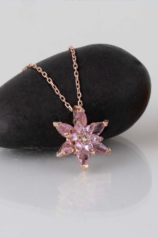 Pembe Renkli Lotus Çiçeği Gümüş Kolye - 2