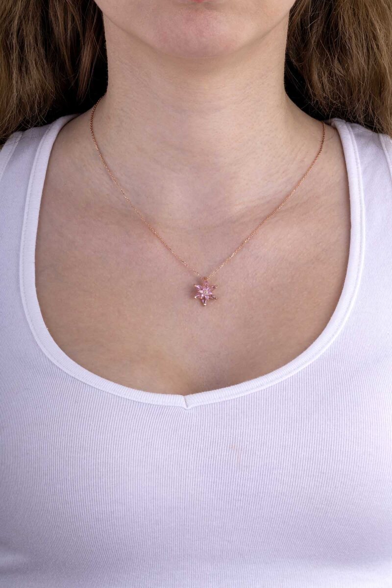 Pembe Renkli Lotus Çiçeği Gümüş Kolye - 2