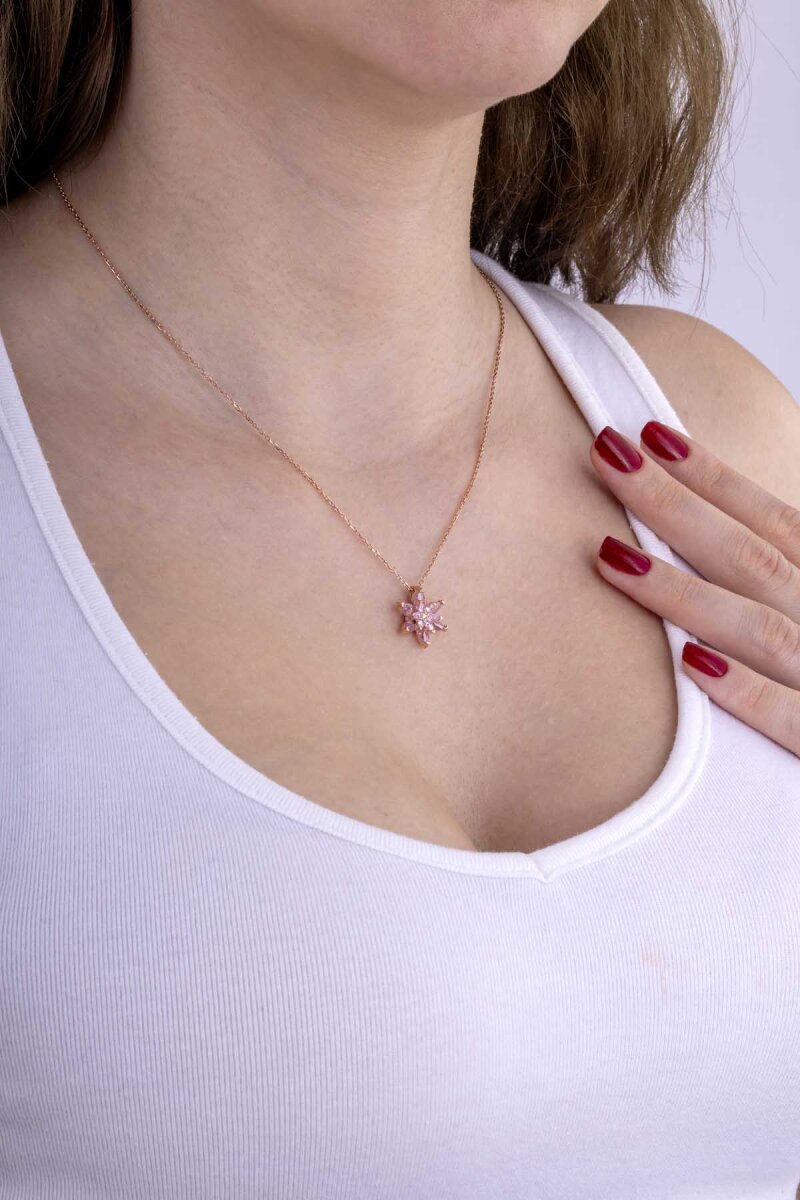 Pembe Renkli Lotus Çiçeği Gümüş Kolye - 3