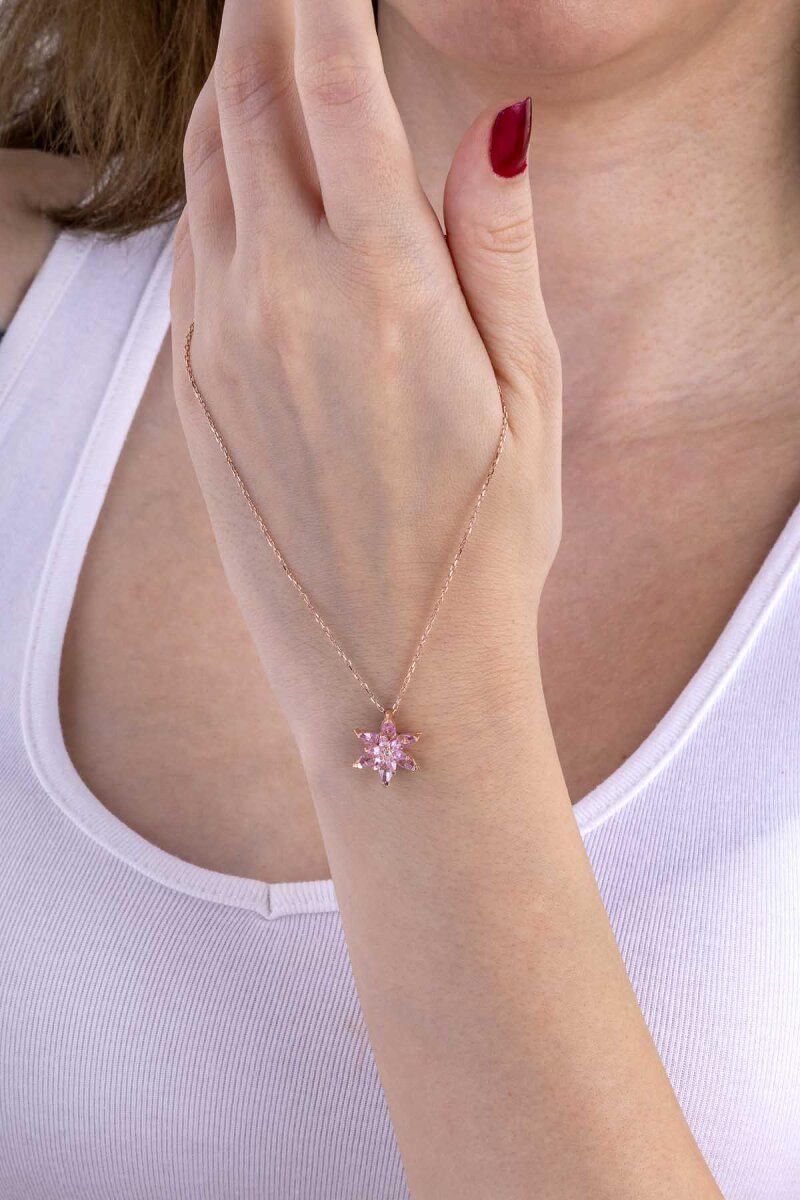 Pembe Renkli Lotus Çiçeği Gümüş Kolye - 1