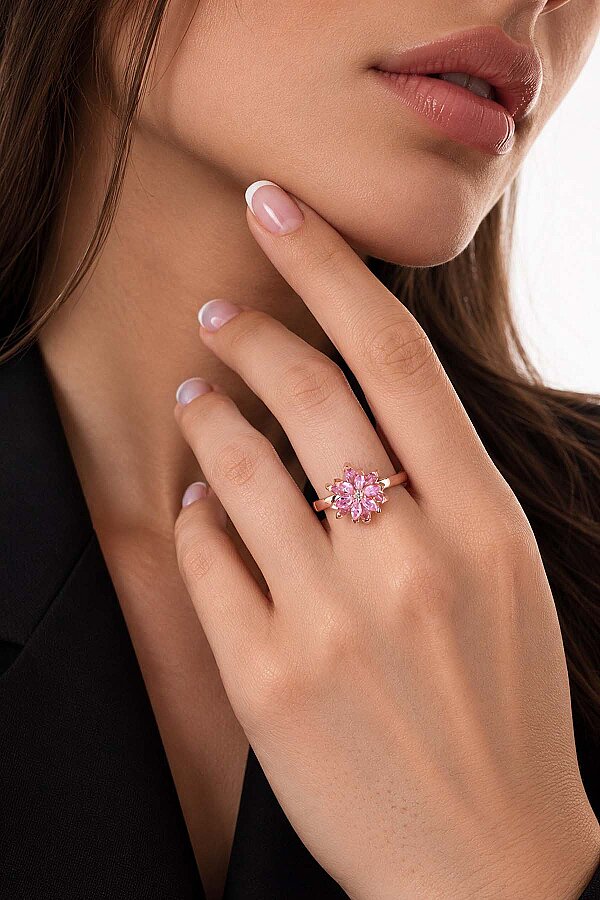 Pembe Renkli Lotus Çiçeği Gümüş Kolye Ve Yüzük Set - Gümüş Pazarım