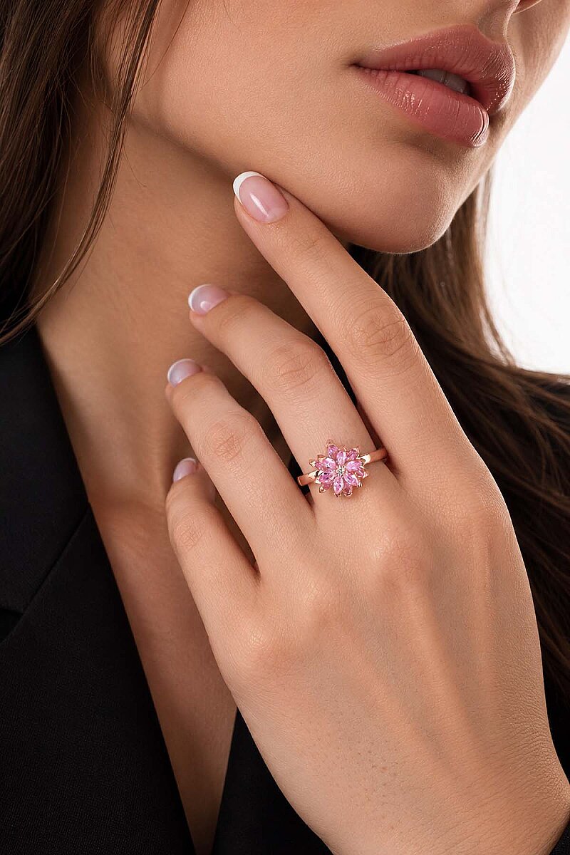 Pembe Renkli Lotus Çiçeği Gümüş Kolye Ve Yüzük Set - 3