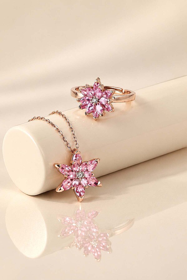 Pembe Renkli Lotus Çiçeği Gümüş Kolye Ve Yüzük Set - Gümüş Pazarım
