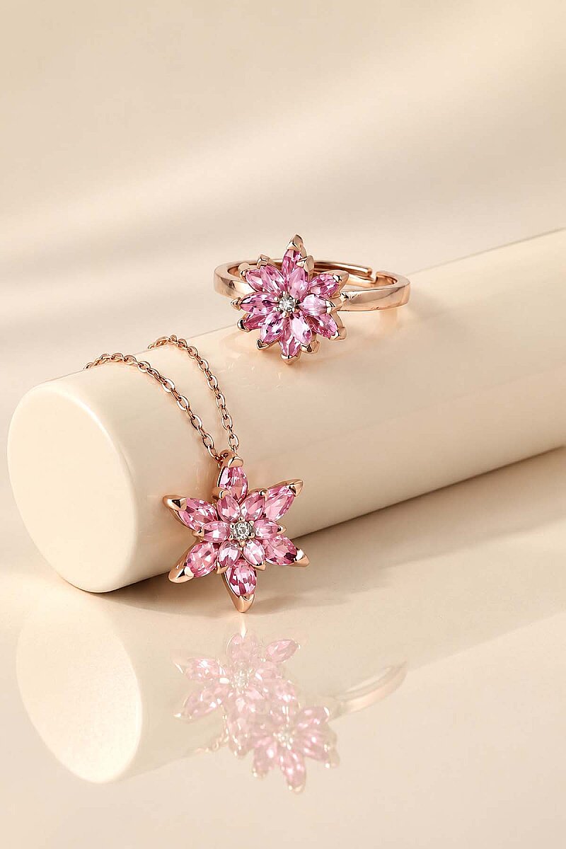 Pembe Renkli Lotus Çiçeği Gümüş Kolye Ve Yüzük Set - 1