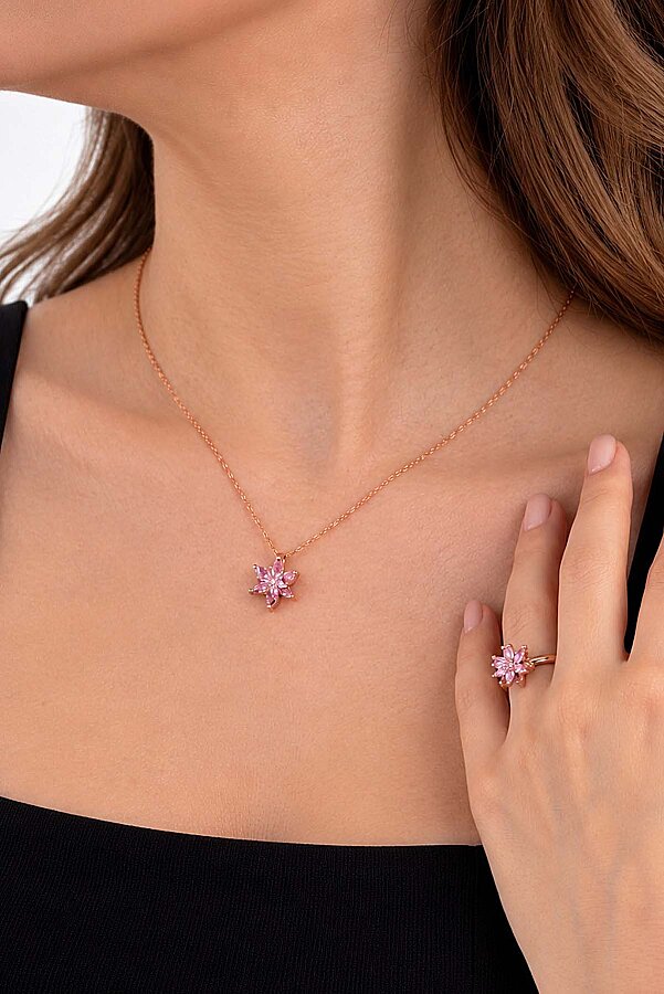 Pembe Renkli Lotus Çiçeği Gümüş Kolye Ve Yüzük Set - Gümüş Pazarım