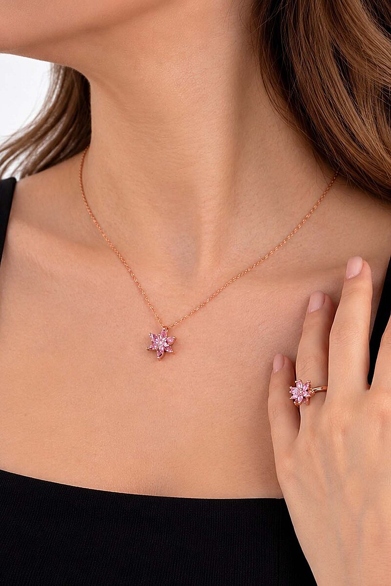 Pembe Renkli Lotus Çiçeği Gümüş Kolye Ve Yüzük Set - 4