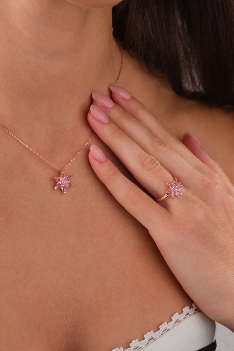 Pembe Renkli Lotus Çiçeği Gümüş Kolye Ve Yüzük Set - 2